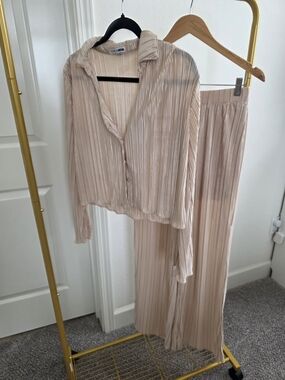 Pleated Button-Down Top & Matching Wide-Leg Pants in Beige